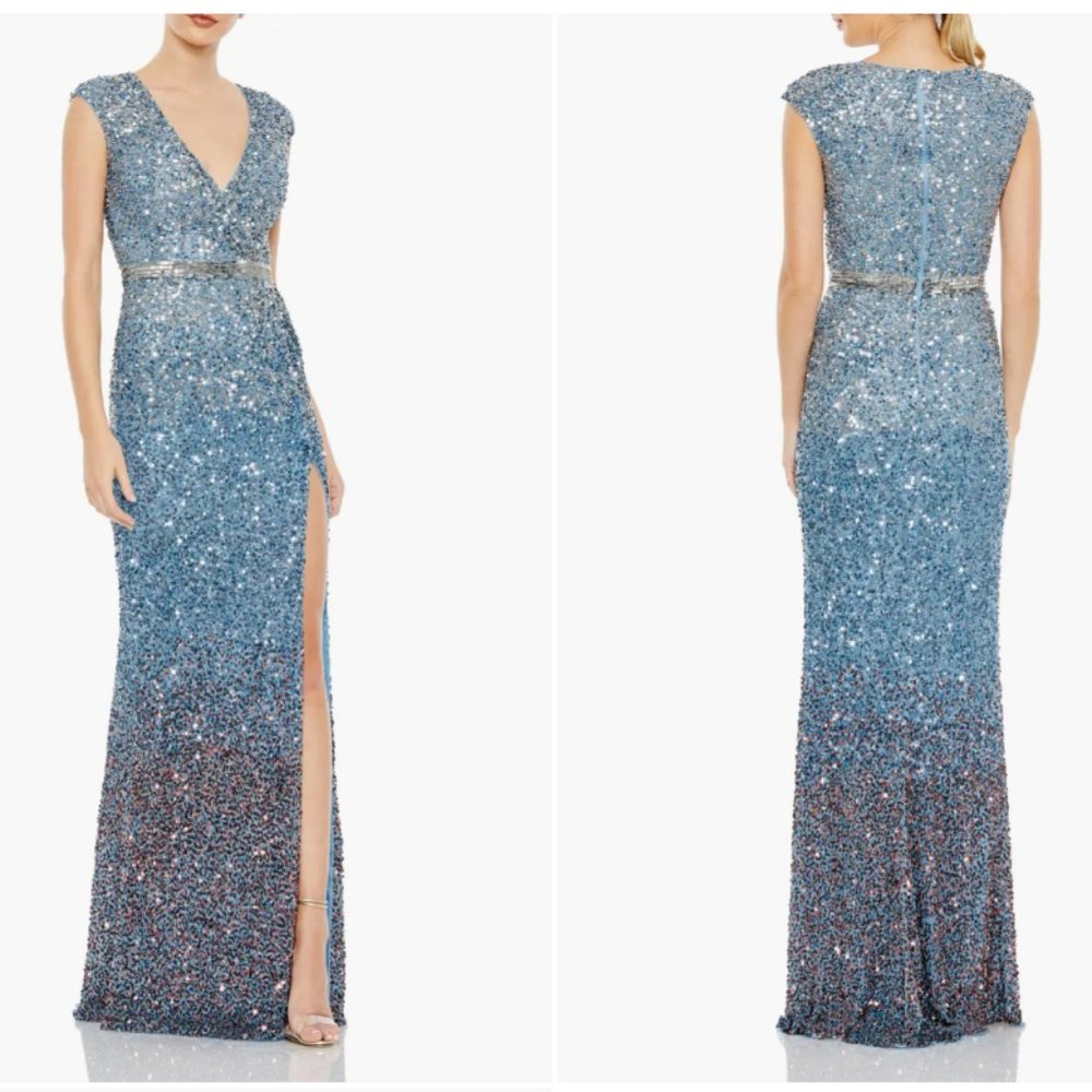 MAC DUGGAL CAP SLEEVE SEQUINED V-NECK THIGH SLIT BLUE OMBRE TRUMPET GOWN sz 12